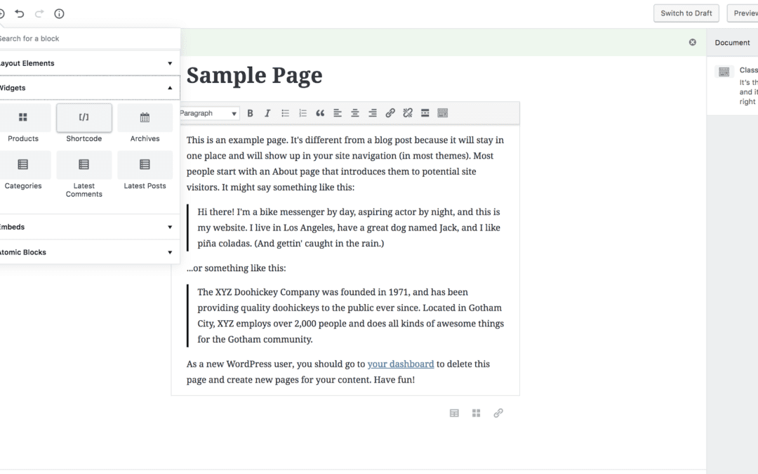 Adding Shortcodes in Gutenberg.