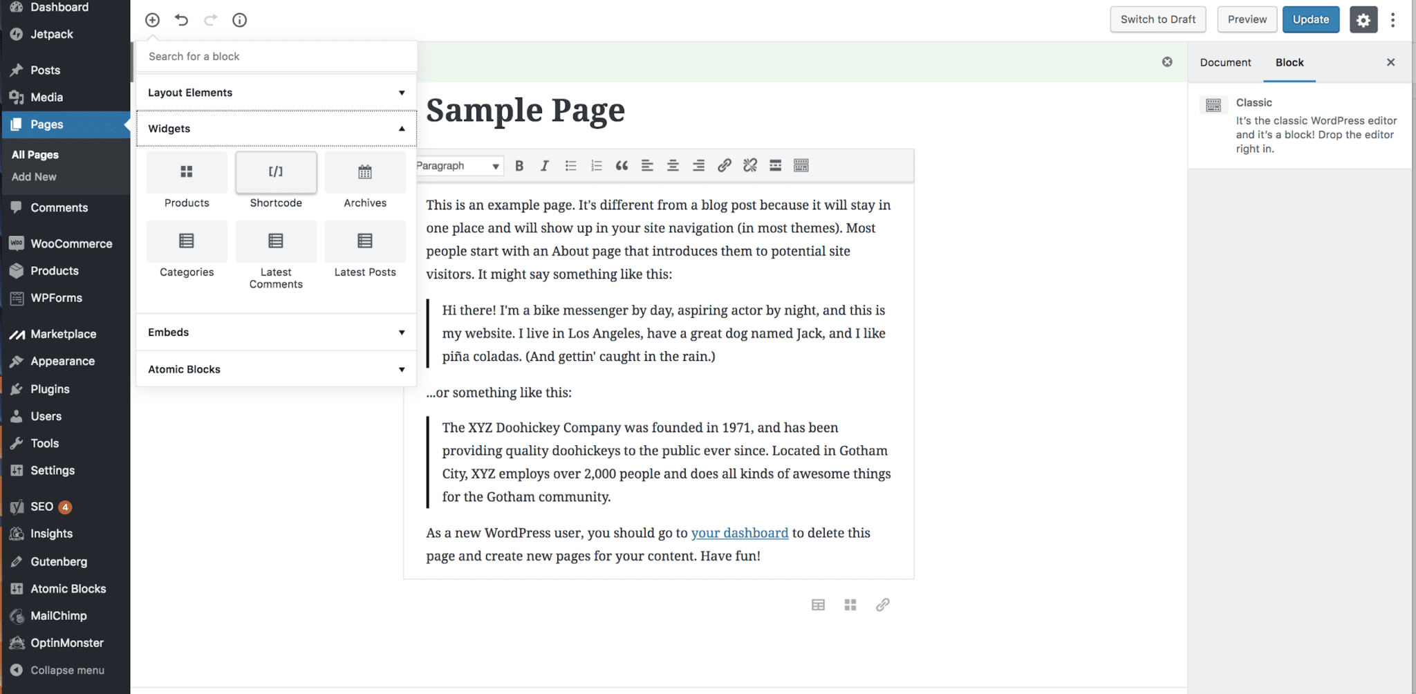 Adding Shortcodes in Gutenberg.