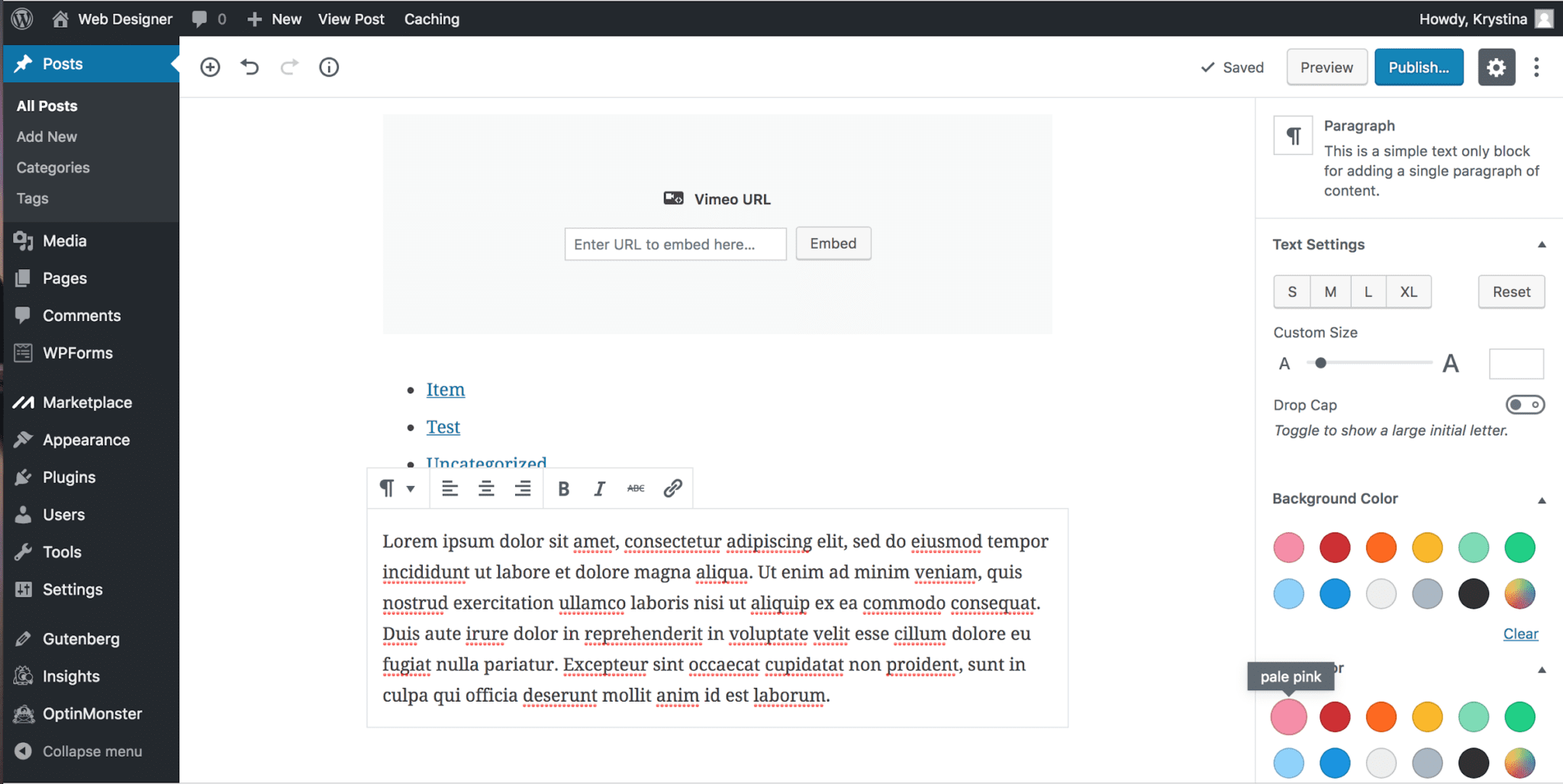 Adding paragraph text in Gutenberg