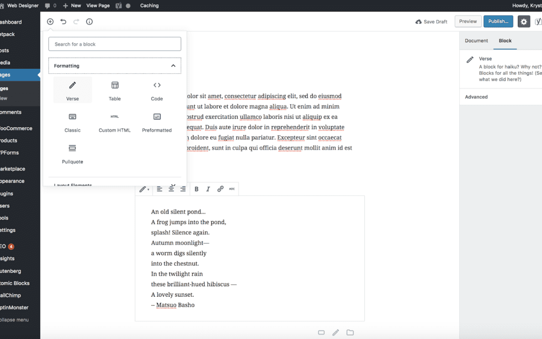 Adding a Verse in Gutenberg