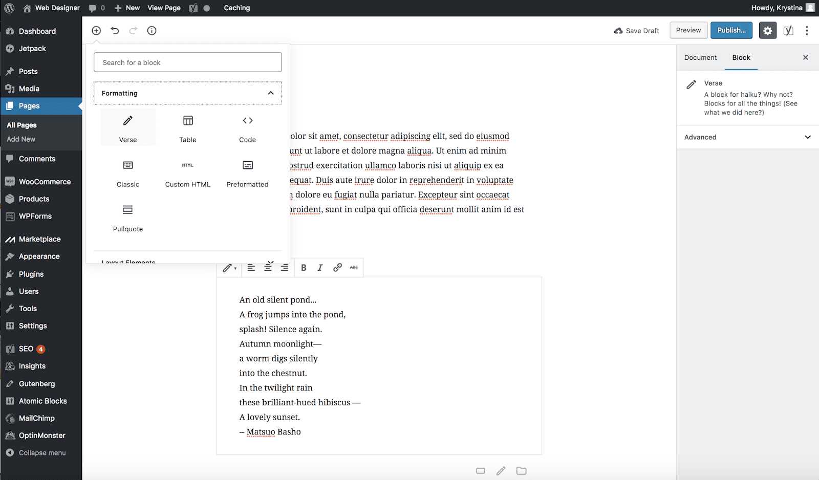 Adding a Verse in Gutenberg
