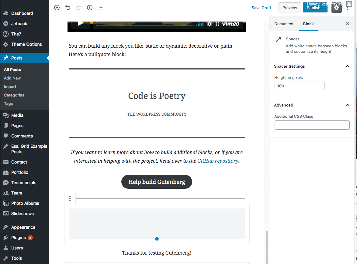 The Spacer Block in Gutenberg