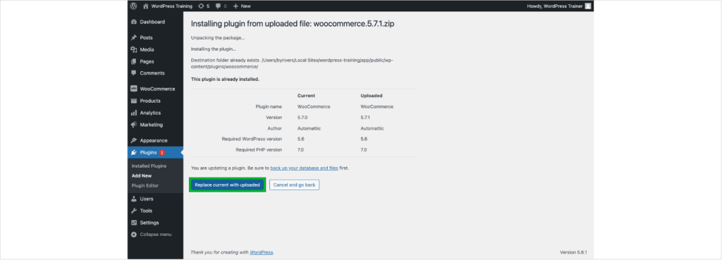 Replace current plugin with uploaded